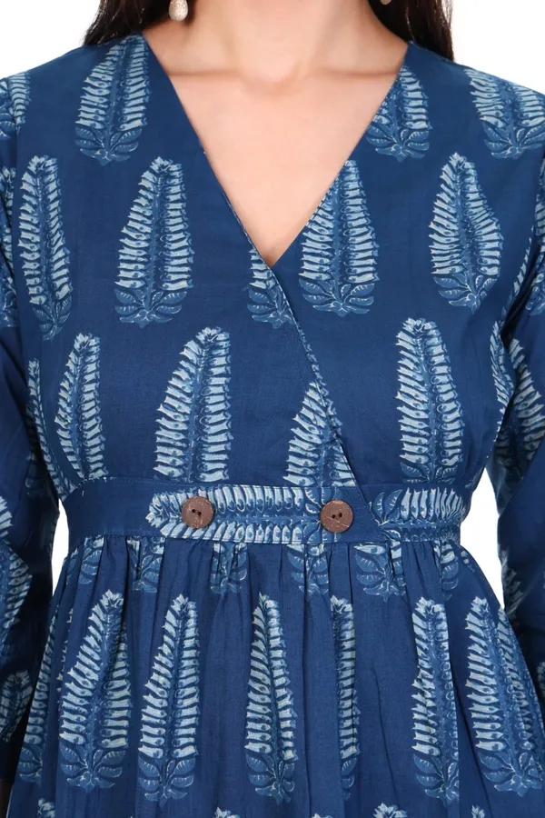 Indigo_Blue_Cotton_Hand_Block_Printed_Dress_With_Button_Detail