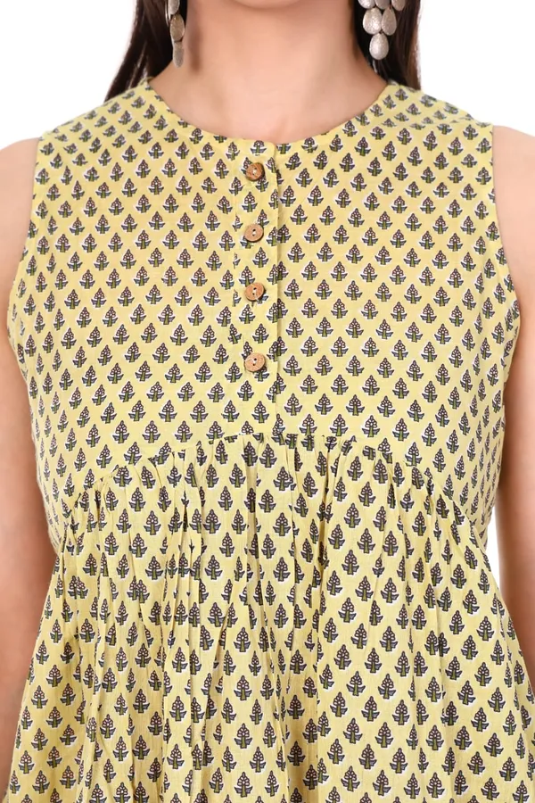 Cotton_Yellow_Booti_Print_Sleeveless_Fit_And_Flare_Dress_With_Wooden_Buttons