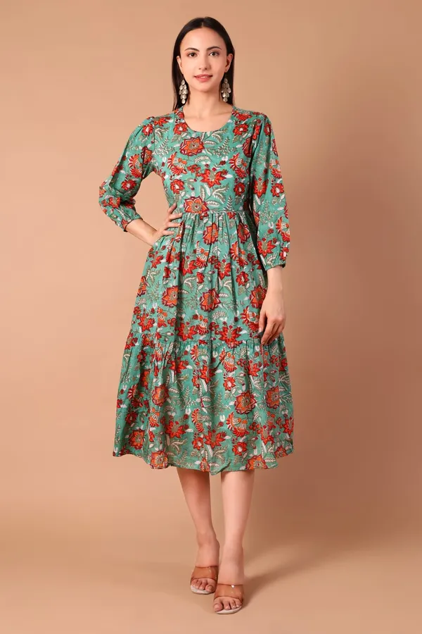 Green_Cotton_Hand_Block_Printed_Midi_Dress_With_Long_Sleeves_With_Slip_Lining