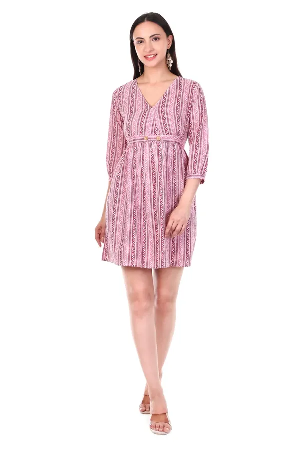 Pink_Striped_V-Neck_Cotton_Printed_Dress_With_Button_Detail