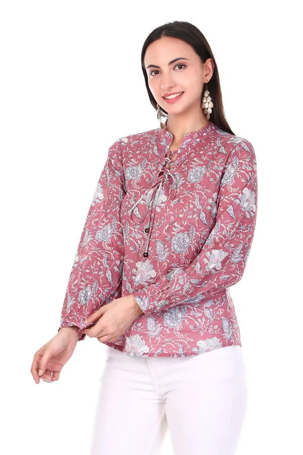 Cotton_Pink_Floral_Print_Long_Sleeve_Women_Top_With_Tie_Knot_Detailing
