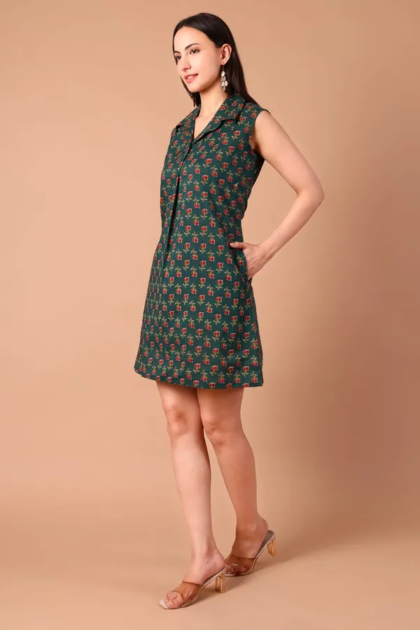 Green_Floral_Cotton_Printed_Sleeveless_Collared_A-Line_Dress_With_Pockets