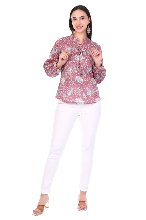 Cotton_Pink_Floral_Print_Long_Sleeve_Women_Top_With_Tie_Knot_Detailing