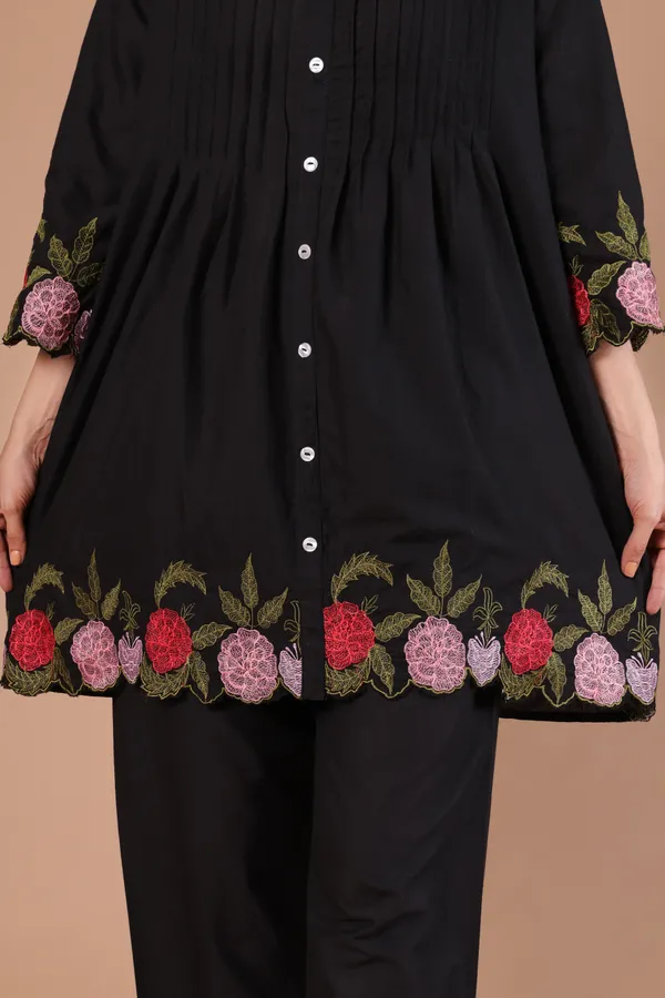 Black_Pintuck_Floral_Scallop_Embroidery_Kurta_with_Pants_Set_for_Women