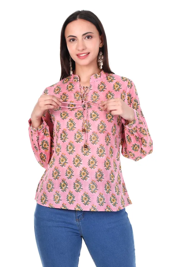 Cotton_Hand_Block_Printed_3/4_Sleeves_Tunic_With_Tie_Knot_Detailing