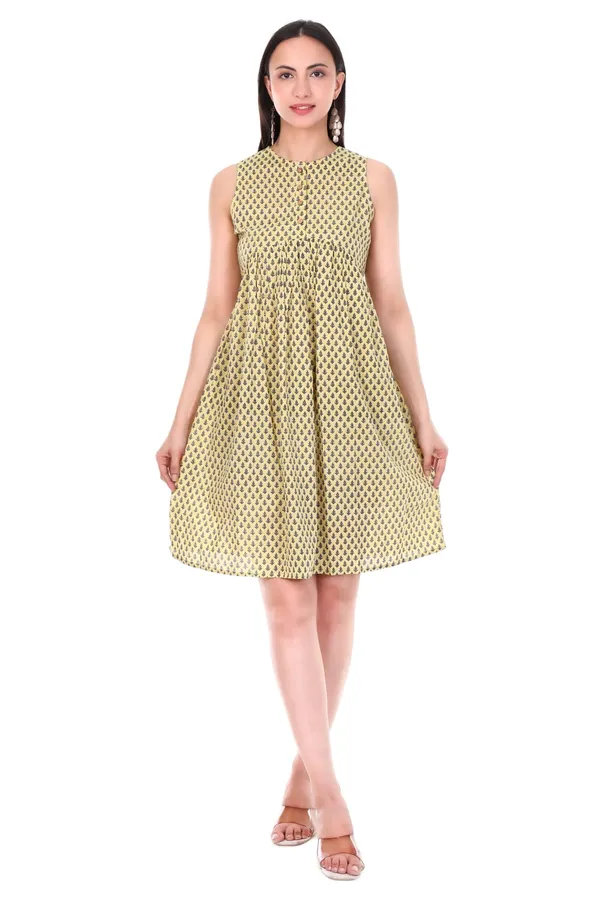 Cotton_Yellow_Booti_Print_Sleeveless_Fit_And_Flare_Dress_With_Wooden_Buttons