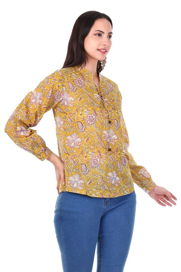 Cotton_Mustard_Yellow_Floral_Print_Long_Sleeve_Women_Top_With_Tie_Knot_Detailing