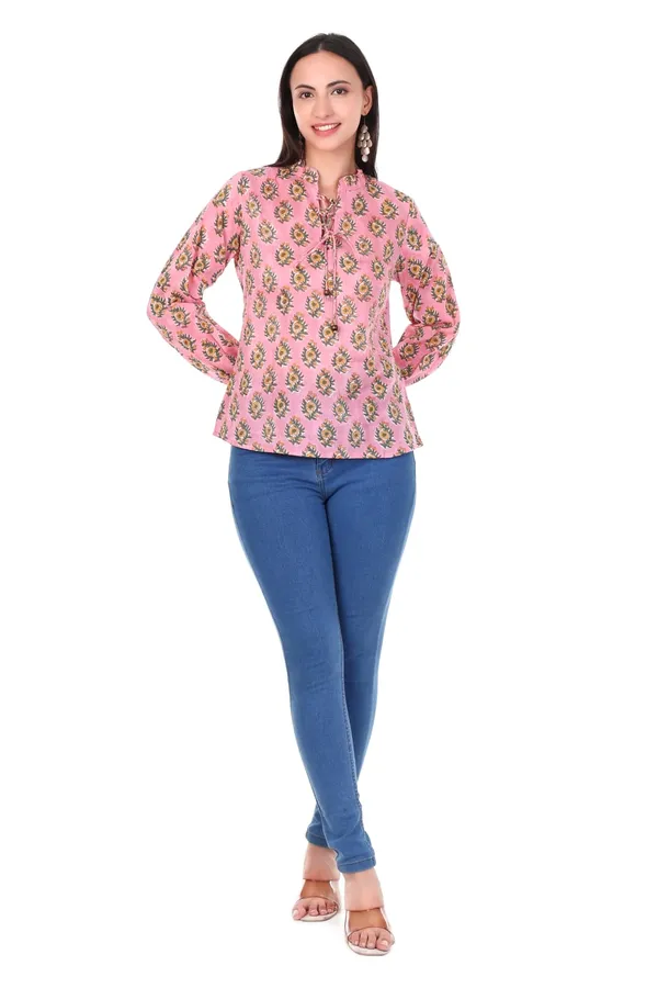 Cotton_Hand_Block_Printed_3/4_Sleeves_Tunic_With_Tie_Knot_Detailing