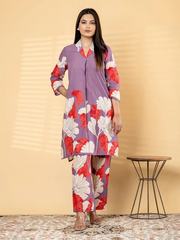 Purple_Floral_Print_Cotton_Co-Ord_Set_With_Stone_Work_-_Kurta_And_Pants