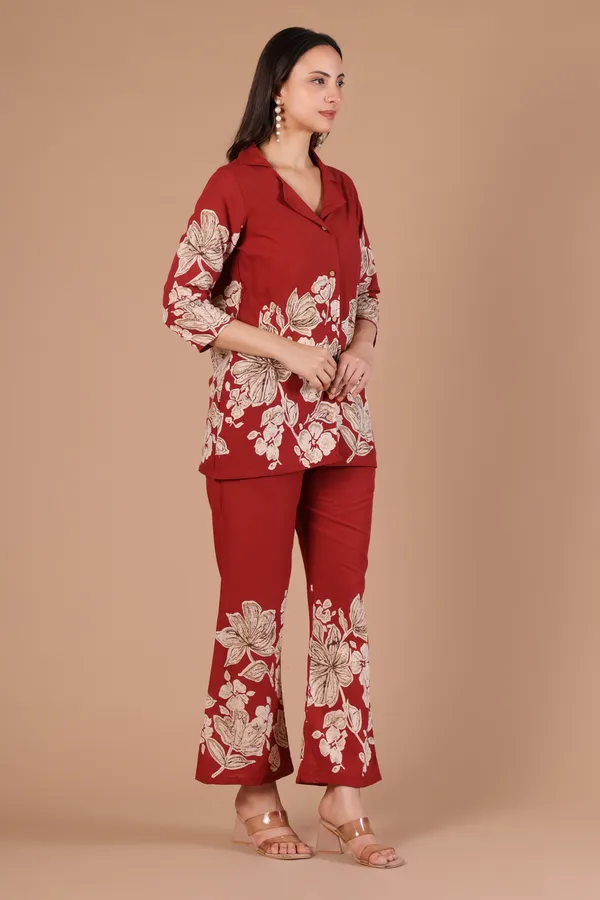 Rust_Floral_Print_Collared_Co-ord_Set_for_Women_with_Wooden_Buttons