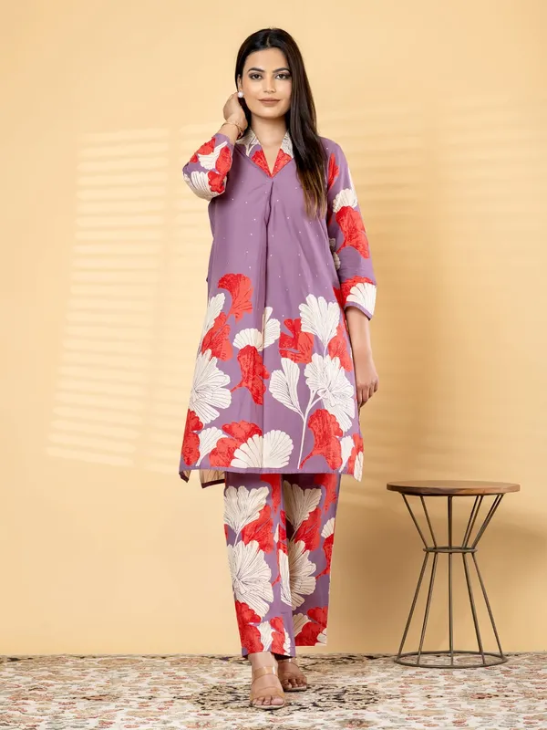 Purple_Floral_Print_Cotton_Co-Ord_Set_With_Stone_Work_-_Kurta_And_Pants