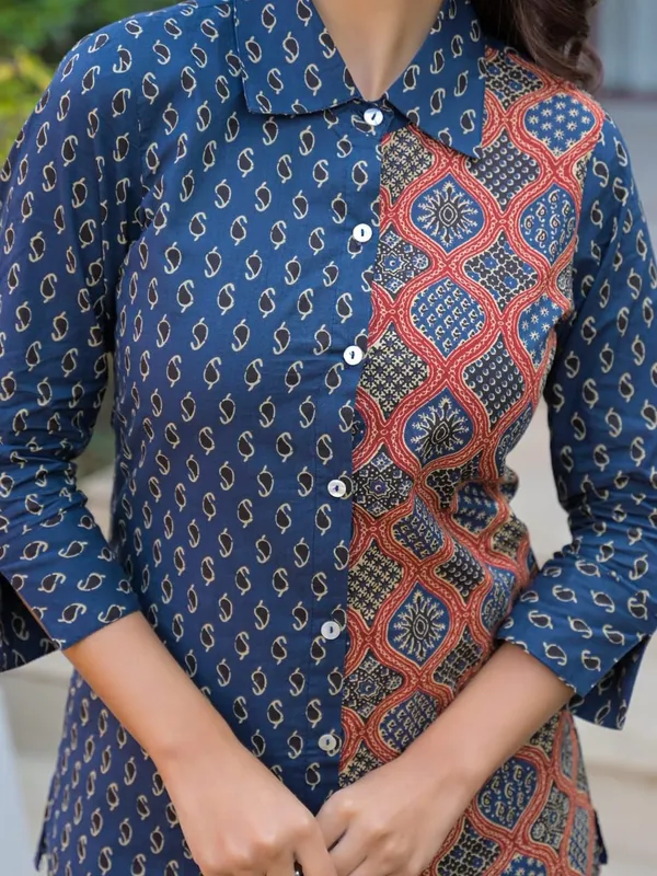 Women_Blue_Ajrakh_Print_Cotton_Co-Ord_Set_-_Shirt_And_Pants_Set