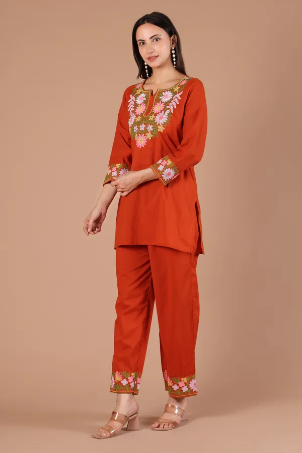 Rust_Cotton_Floral_Embroidered_Kurta_Pant_Set_for_Women
