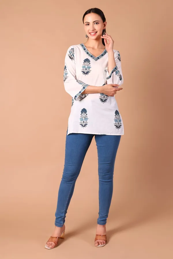 Cotton_Hand_Block_Printed_V_Neck_Tunic_With_3/4_Sleeves