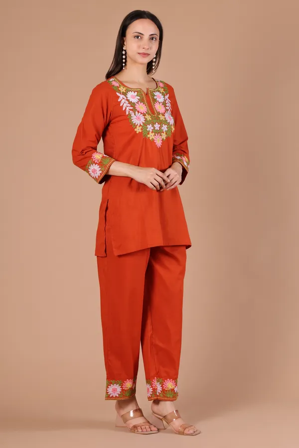 Rust_Cotton_Floral_Embroidered_Kurta_Pant_Set_for_Women