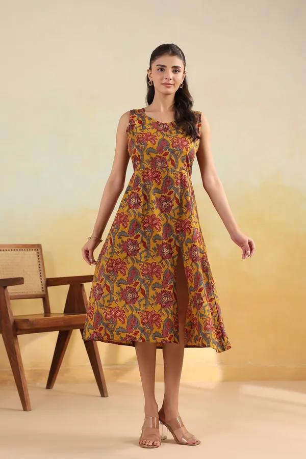 Mustard_Yellow_Floral_Print_Sleeveless_Cotton_Midi_Dress_With_Front_Slit_And_Smocked_Back