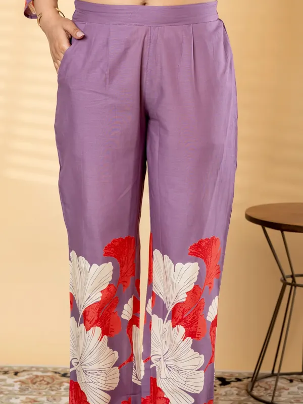 Purple_Floral_Print_Cotton_Co-Ord_Set_With_Stone_Work_-_Kurta_And_Pants