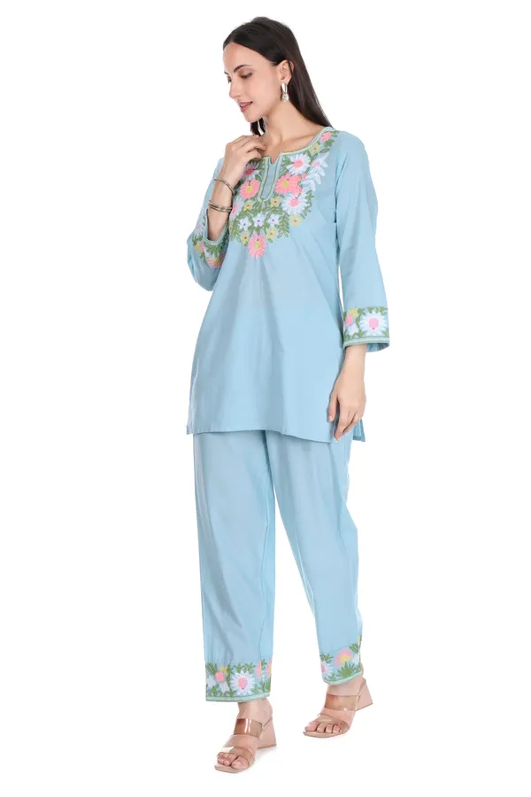 Blue_Cotton_Floral_Embroidery_Kurta_Pant_Set_for_Women