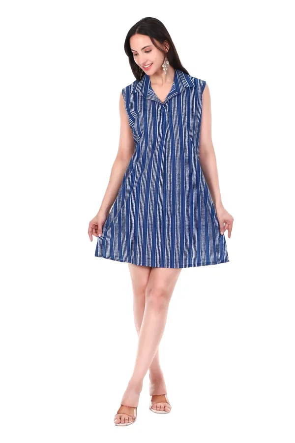 Blue_Striped_Cotton_Printed_Sleeveless_Collared_A-Line_Dress_With_Pockets