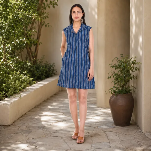 Blue_Striped_Cotton_Printed_Sleeveless_Collared_A-Line_Dress_With_Pockets