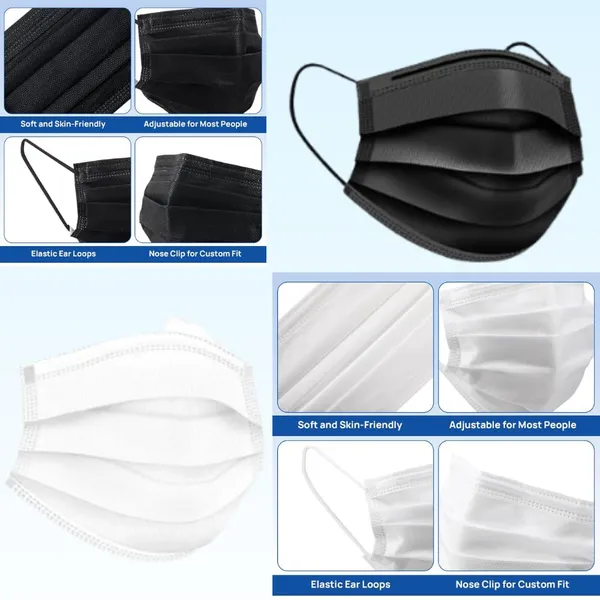 Disposable_Face_Masks_With_Nose_Pin_Soft_Earloop_Surgical_Masks_For_Men_Women_Use_And_Throw_Masks_For_Safety_Hygiene_Black_50_Pcs_White_50Pcs_Combo_Pack_100Pcs_Pack_Of_2