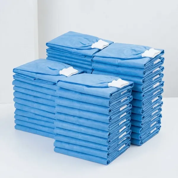 Surgical_Gown_Disposable_And_Reusable_And_Washable_For_Use_Isolation_And_Saloon_And_Surgeon_And_Patient_And_Doctor_Gown_For_Personal_Safety_Gown_Size_Standard_Blue_Pack_Of_4_With_50Pcs_Head_Cap