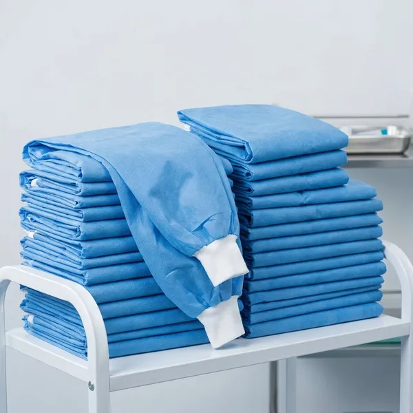 Surgical_Gown_Disposable_And_Reusable_And_Washable_For_Use_Isolation_And_Saloon_And_Surgeon_And_Patient_And_Doctor_Gown_For_Personal_Safety_Gown_Size_Standard_Blue_Pack_Of_4_With_50Pcs_Head_Cap