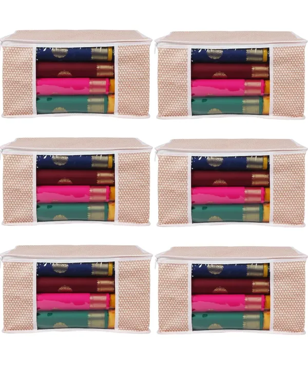 Saree_Covers_Foldable_Storage_Bags_With_Transparent_Window_Zip_Closure_Wardrobe_Organizer_For_Sarees_Lehengas_Dresses_Premium_Dust_Proof_Fabric_Storage_Peach_Pack_Of_6
