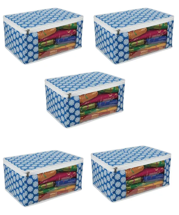 Saree_Covers_Foldable_Storage_Bags_With_Transparent_Window_Zip_Closure_Wardrobe_Organizer_For_Sarees_Lehengas_Dresses_Premium_Dust_Proof_Fabric_Storage_Blue_Pack_Of_5_Pack_Of_5