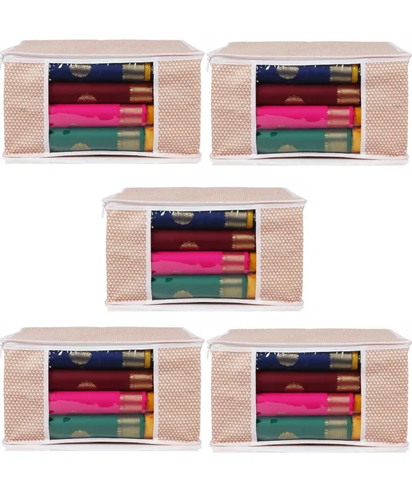 Saree_Covers_Foldable_Storage_Bags_With_Transparent_Window_Zip_Closure_Wardrobe_Organizer_For_Sarees_Lehengas_Dresses_Premium_Dust_Proof_Fabric_Storage_Peach_Pack_Of_5