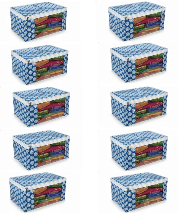 Saree_Covers_Foldable_Storage_Bags_With_Transparent_Window_Zip_Closure_Wardrobe_Organizer_For_Sarees_Lehengas_Dresses_Premium_Dust_Proof_Fabric_Storage_Blue_Pack_Of_10