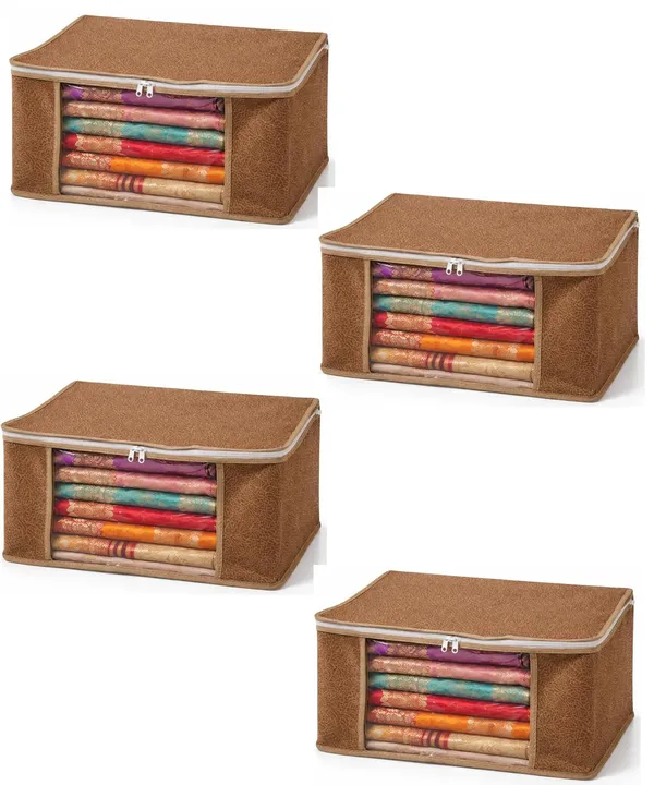 Saree_Covers_Foldable_Storage_Bags_With_Transparent_Window_Zip_Closure_Wardrobe_Organizer_For_Sarees_Lehengas_Dresses_Premium_Dust_Proof_Fabric_Storage_Brown_Pack_Of_4