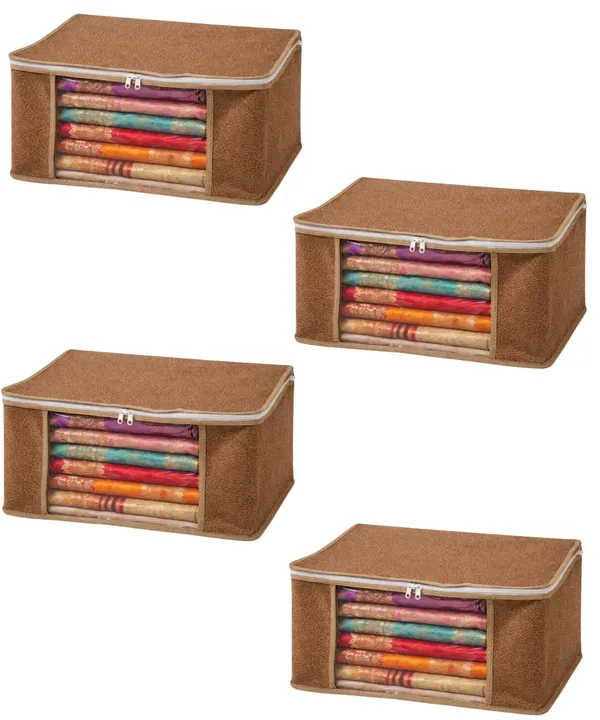 Saree_Covers_Foldable_Storage_Bags_With_Transparent_Window_Zip_Closure_Wardrobe_Organizer_For_Sarees_Lehengas_Dresses_Premium_Dust_Proof_Fabric_Storage_Brown_Pack_Of_4