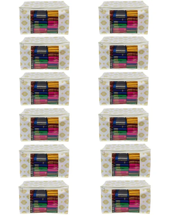 Saree_Covers_Foldable_Storage_Bags_With_Transparent_Window_Zip_Closure_Wardrobe_Organizer_For_Sarees_Lehengas_Dresses_Premium_Dust_Proof_Fabric_Storage_White_Pack_Of_12