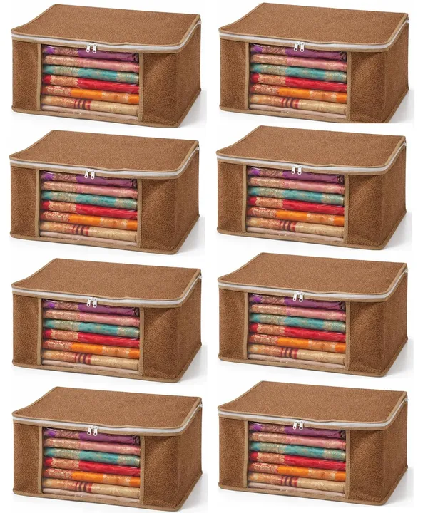 Saree_Covers_Foldable_Storage_Bags_With_Transparent_Window_Zip_Closure_Wardrobe_Organizer_For_Sarees_Lehengas_Dresses_Premium_Dust_Proof_Fabric_Storage_Brown_Pack_Of_8