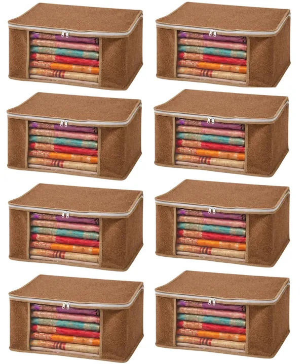 Saree_Covers_Foldable_Storage_Bags_With_Transparent_Window_Zip_Closure_Wardrobe_Organizer_For_Sarees_Lehengas_Dresses_Premium_Dust_Proof_Fabric_Storage_Brown_Pack_Of_8