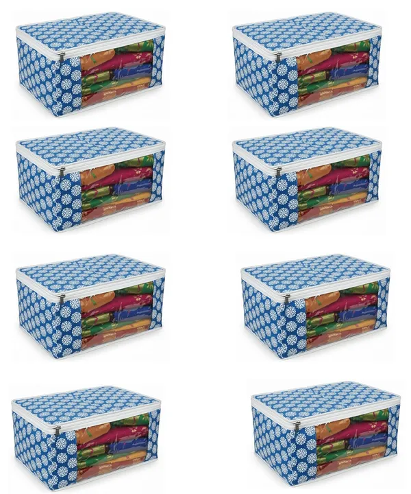Saree_Covers_Foldable_Storage_Bags_With_Transparent_Window_Zip_Closure_Wardrobe_Organizer_For_Sarees_Lehengas_Dresses_Premium_Dust_Proof_Fabric_Storage_Blue_Pack_Of_8