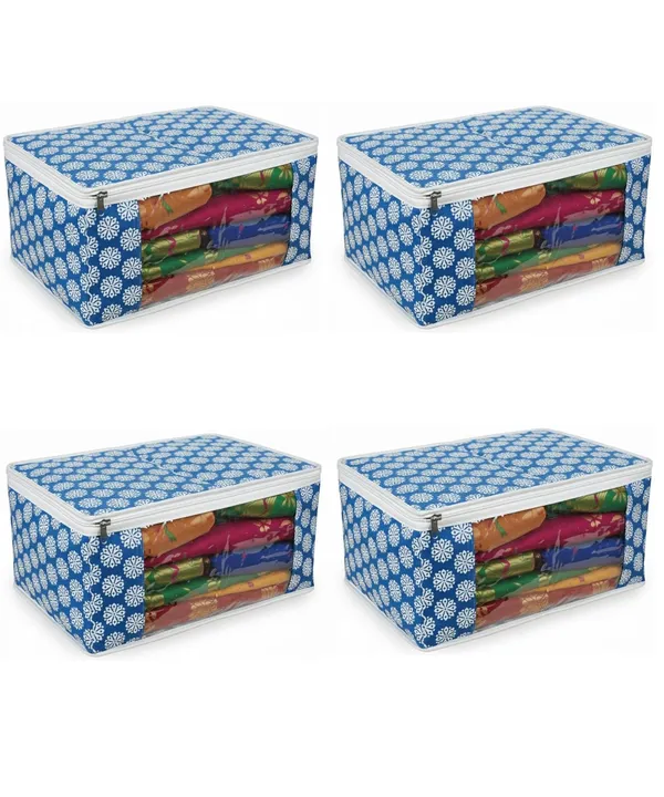 Saree_Covers_Foldable_Storage_Bags_With_Transparent_Window_Zip_Closure_Wardrobe_Organizer_For_Sarees_Lehengas_Dresses_Premium_Dust_Proof_Fabric_Storage_Blue_Pack_Of_4