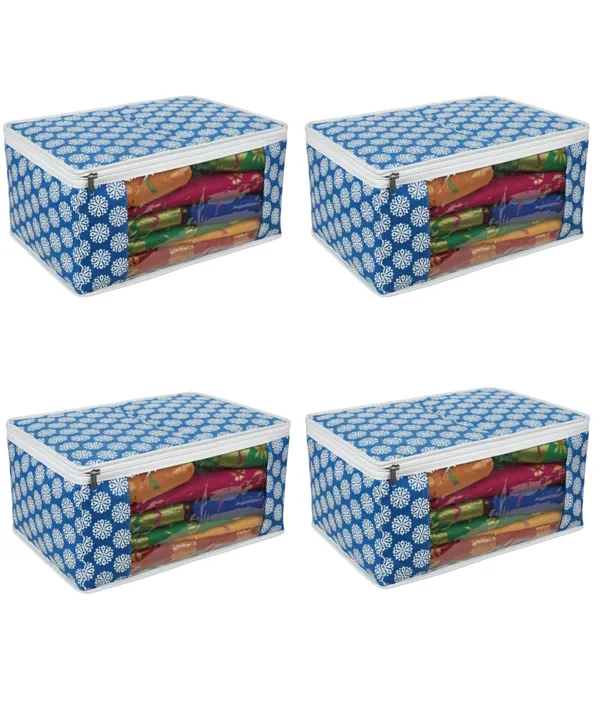 Saree_Covers_Foldable_Storage_Bags_With_Transparent_Window_Zip_Closure_Wardrobe_Organizer_For_Sarees_Lehengas_Dresses_Premium_Dust_Proof_Fabric_Storage_Blue_Pack_Of_4