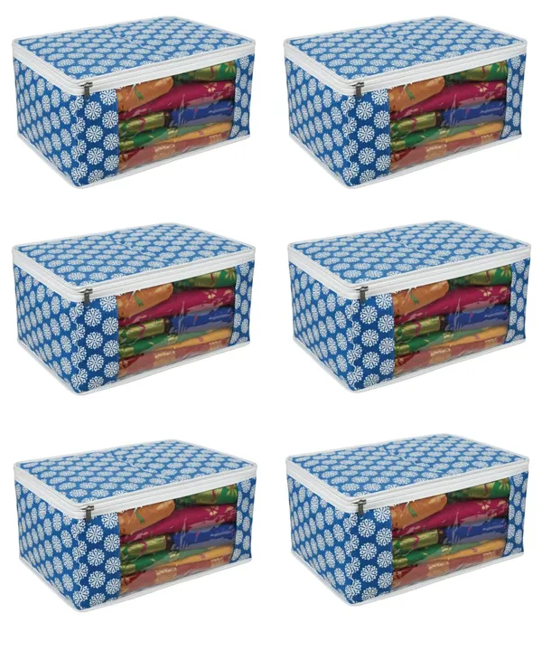Saree_Covers_Foldable_Storage_Bags_With_Transparent_Window_Zip_Closure_Wardrobe_Organizer_For_Sarees_Lehengas_Dresses_Premium_Dust_Proof_Fabric_Storage_Blue_Pack_Of_6