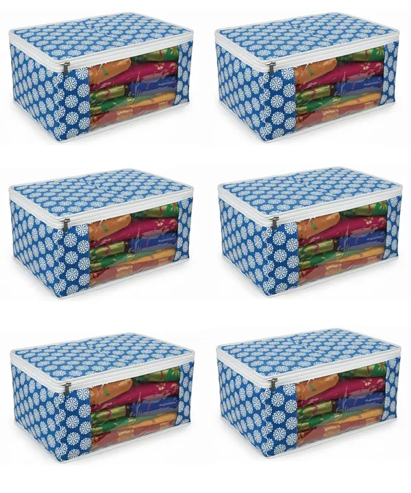 Saree_Covers_Foldable_Storage_Bags_With_Transparent_Window_Zip_Closure_Wardrobe_Organizer_For_Sarees_Lehengas_Dresses_Premium_Dust_Proof_Fabric_Storage_Blue_Pack_Of_6
