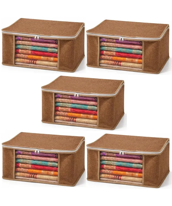 Saree_Covers_Foldable_Storage_Bags_With_Transparent_Window_Zip_Closure_Wardrobe_Organizer_For_Sarees_Lehengas_Dresses_Premium_Dust_Proof_Fabric_Storage_Brown_Pack_Of_5