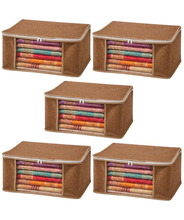 Saree_Covers_Foldable_Storage_Bags_With_Transparent_Window_Zip_Closure_Wardrobe_Organizer_For_Sarees_Lehengas_Dresses_Premium_Dust_Proof_Fabric_Storage_Brown_Pack_Of_5