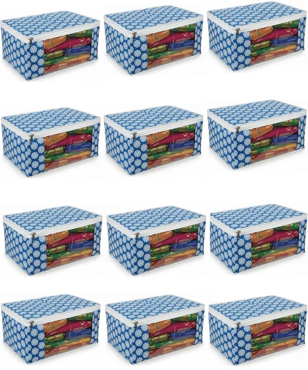 Saree_Covers_Foldable_Storage_Bags_With_Transparent_Window_Zip_Closure_Wardrobe_Organizer_For_Sarees_Lehengas_Dresses_Premium_Dust_Proof_Fabric_Storage_Blue_Pack_Of_12