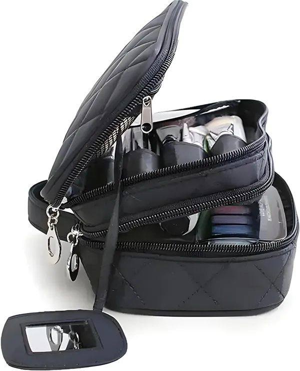 Travel_Cosmetic_Case_Black_Leather_Zipper_Closure_10X10X2_Cm_Reusable