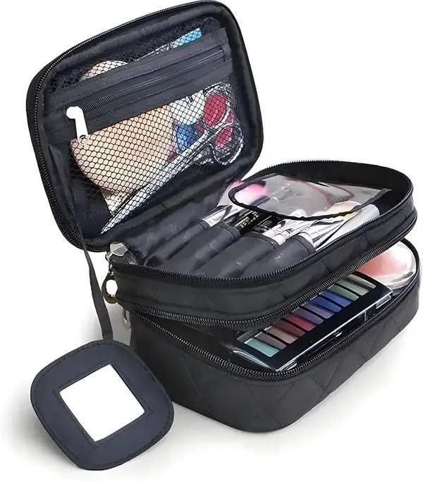 Travel_Cosmetic_Case_Black_Leather_Zipper_Closure_10X10X2_Cm_Reusable