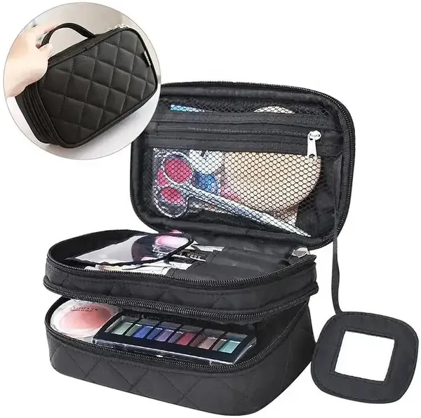 Travel_Cosmetic_Case_Black_Leather_Zipper_Closure_10X10X2_Cm_Reusable