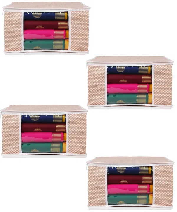 Saree_Covers_Foldable_Storage_Bags_With_Transparent_Window_Zip_Closure_Wardrobe_Organizer_For_Sarees_Lehengas_Dresses_Premium_Dust_Proof_Fabric_Storage_Peach_Pack_Of_4