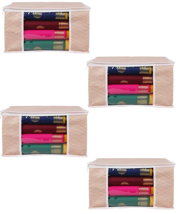 Saree_Covers_Foldable_Storage_Bags_With_Transparent_Window_Zip_Closure_Wardrobe_Organizer_For_Sarees_Lehengas_Dresses_Premium_Dust_Proof_Fabric_Storage_Peach_Pack_Of_4
