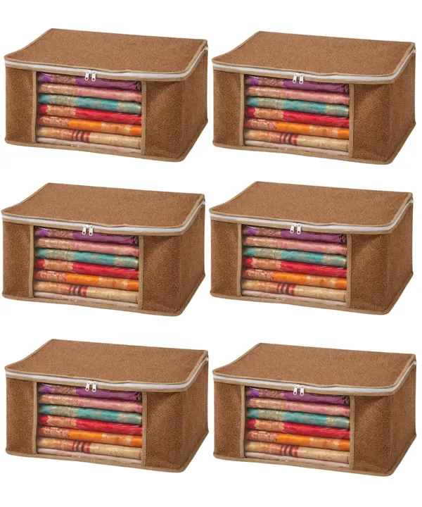 Saree_Covers_Foldable_Storage_Bags_With_Transparent_Window_Zip_Closure_Wardrobe_Organizer_For_Sarees_Lehengas_Dresses_Premium_Dust_Proof_Fabric_Storage_Brown_Pack_Of_6